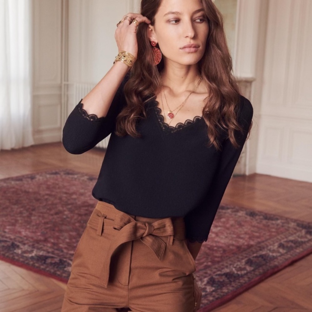 Sezane lace-edged V-neck blouse